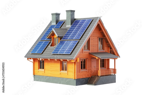 Model of house with photovoltaic panels on the roof isolated on transparent background. Living building with solar battery.