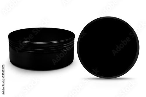 Black round metallic tin, cosmetic box, metal can, aluminum packaging. 3d illustration.
