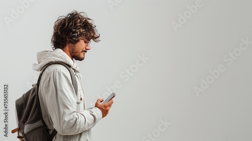Smiling man using a smartphone It represents a modern scene of connection and happiness. On a clean white background It is a clear example of the simplicity and elegance of contemporary technology.