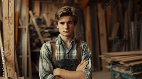 Portrait of a Young Carpenter in a Carpentry Work.