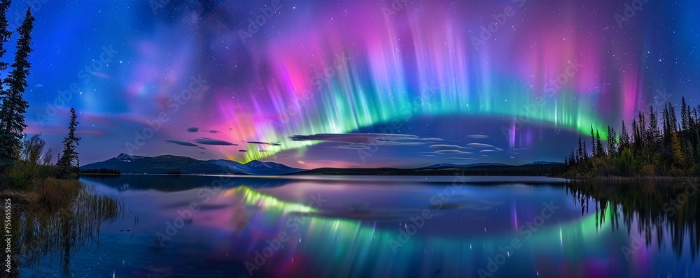 Aurora Borealis in a clear night sky a dance of lights over a serene lake - obrazy, fototapety, plakaty 