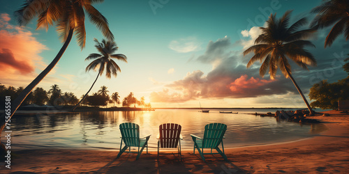 Chairs on the seashore at sunset, palm trees. Beautiful summer sea background.