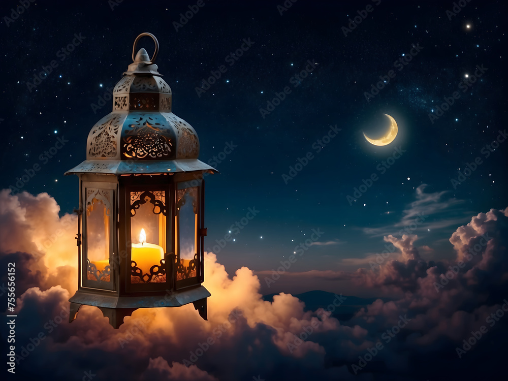 Decorative Arabic Lantern with Burning Candles at Night, the background of the crescent moon and clouds, a sky full of stars, and space for text design. Decorative Arabic Lantern with Burning Candles at Night, the background of the crescent moon and clouds, a sky full of stars, and space for text design.