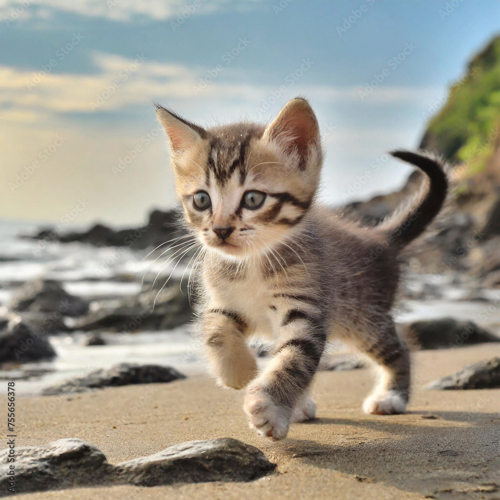 해변 산책하는 아기 고양이