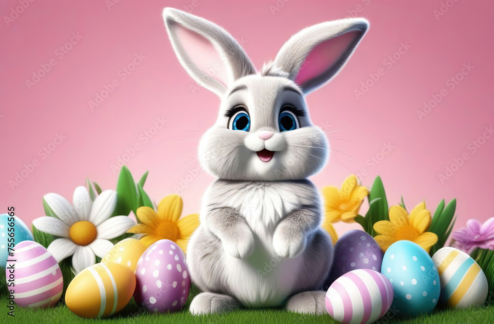 Easter bunny with colorful eggs and flowers on green grass against pink background Easter bunny with colorful eggs and flowers on green grass against pink background