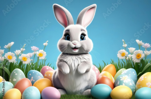 Easter bunny with colorful eggs and flowers on green grass against blue background