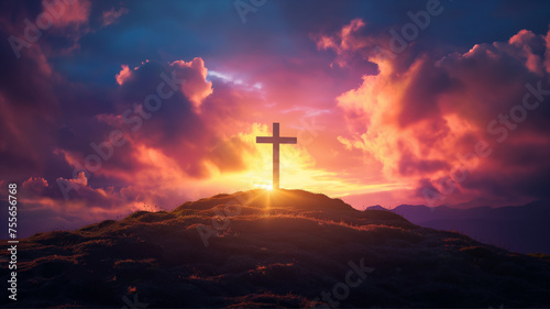 Crucifix cross on top of mountain with sunlight, Inspirational Christian image. easter concept