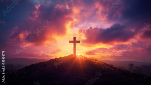 Crucifix cross on top of mountain with sunlight, Inspirational Christian image. easter concept