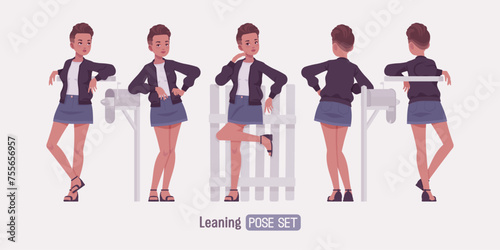 Attractive girl stand leaning poses, young urban fashion woman wearing nice short high waist denim skirt, cute streetwear bomber jacket, casual summer sandals, female fade haircut. Vector illustration