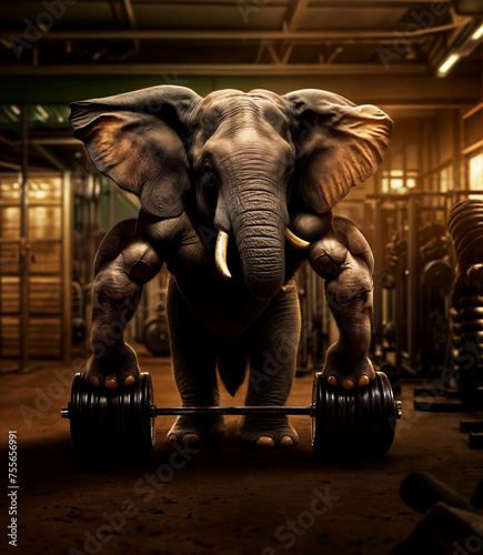 Bodybuilder elephant in the gym near the barbell.