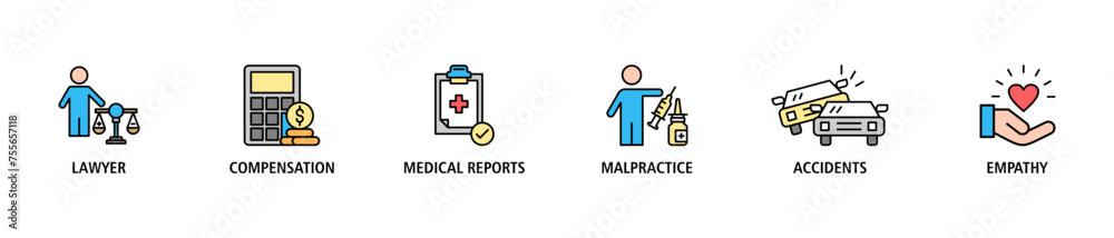 Personal injury law banner web icon set vector illustration concept with icon of lawyer, compensation, medical reports, malpractice, accidents and empathy Personal injury law banner web icon set vector illustration concept with icon of lawyer, compensation, medical reports, malpractice, accidents and empathy