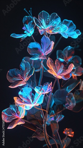 A 3D bouquet of neon flowers each petal glowing with ethereal light set against the void of a black background