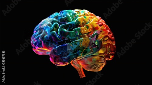 A 3D brain painted with a rainbow of colors stands out against a black background reflecting the vibrant world of ideas and imagination