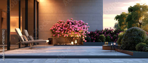 Evening scene with blooming spring garden on backyard. Terrace with plants, flowers, peonies, lounge furniture, lantern. Luxury penthouse patio. Exterior design. Villa facade. Copy space. Generative 