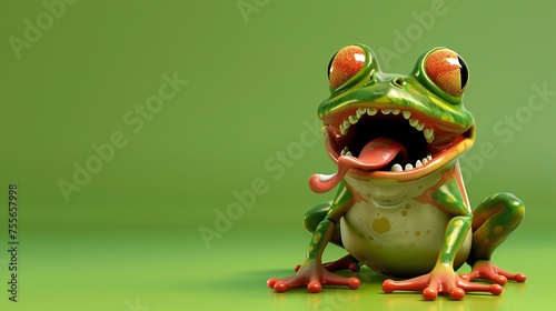 A 3D endearing zombie frog trying to catch flies with its tongue tied against a swampy green solid background adding a goofy twist