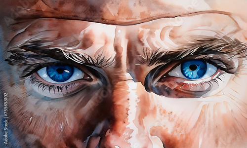 Closeup on the blue eyes of a mature man in his 40s. In watercolor painting style.