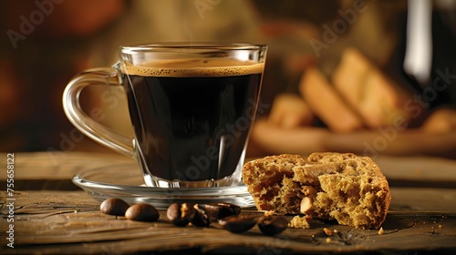 Italian espresso rich and dark with a piece of cantucci on the side