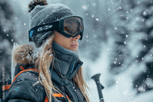 Portrait of a beautiful woman in Ski suite. Winter Wonderland: Graceful Skier in Goggles, Embracing the Serene Snowfall © Sascha
