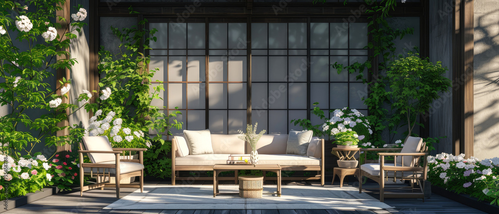 Minimal mock up with suburban patio of penthouse. Backyard terrace with plants, blooming peonies, lounge furniture. Luxury exterior design. Villa facade. Copy space. Generative ai