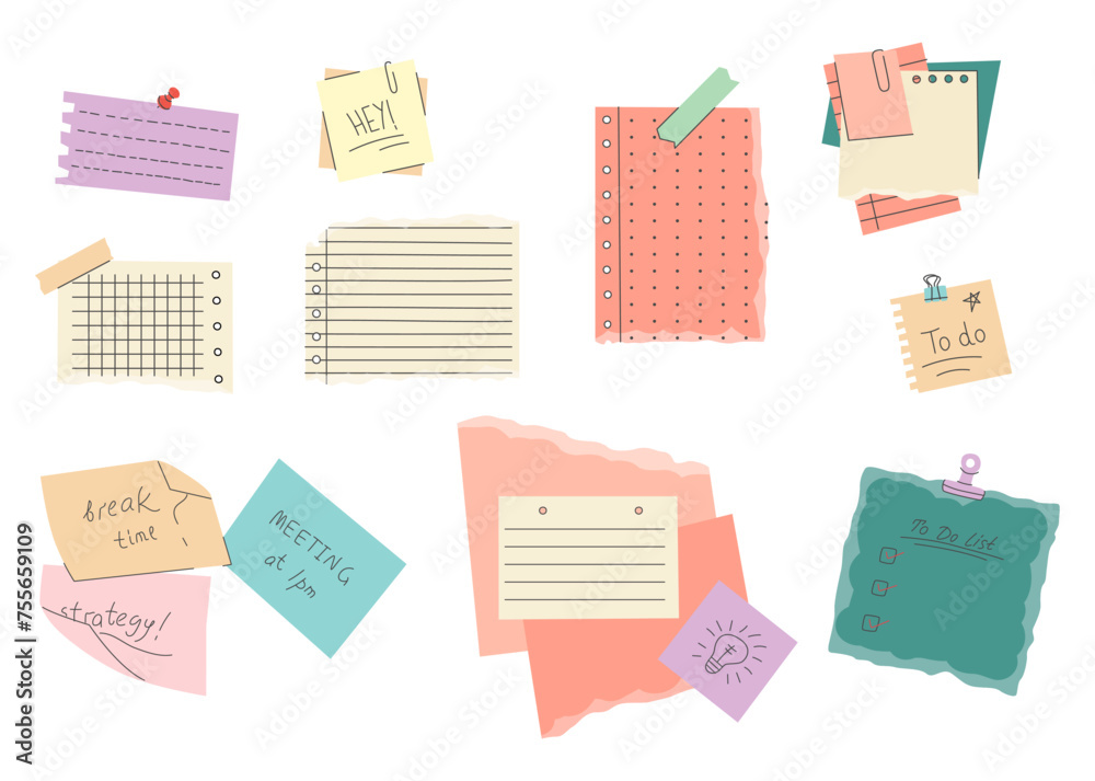 Paper notes, stickers, sticky sheets and tape. Vector set of to do list, memo messages, notepads and torn paper sheets. Paper notes, stickers, sticky sheets and tape. Vector set of to do list, memo messages, notepads and torn paper sheets.