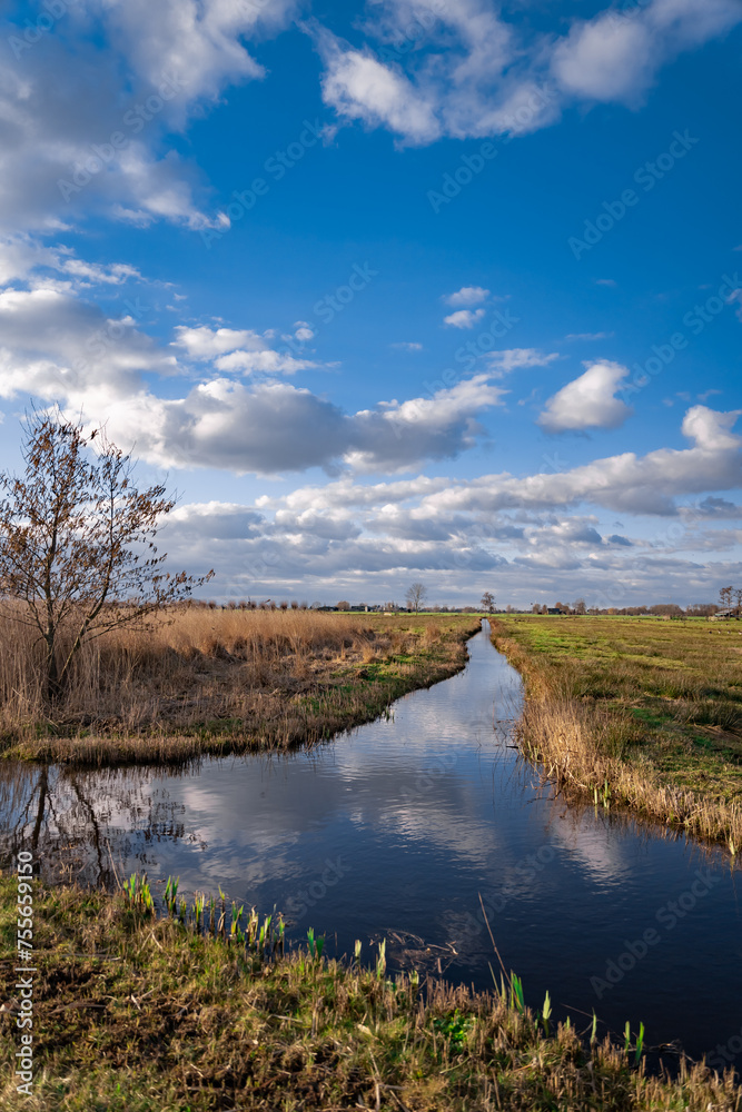 Dutch countryside landscape. Typical polder and water land. Small canal or ditch on the field in Molenlanden, Netherlands