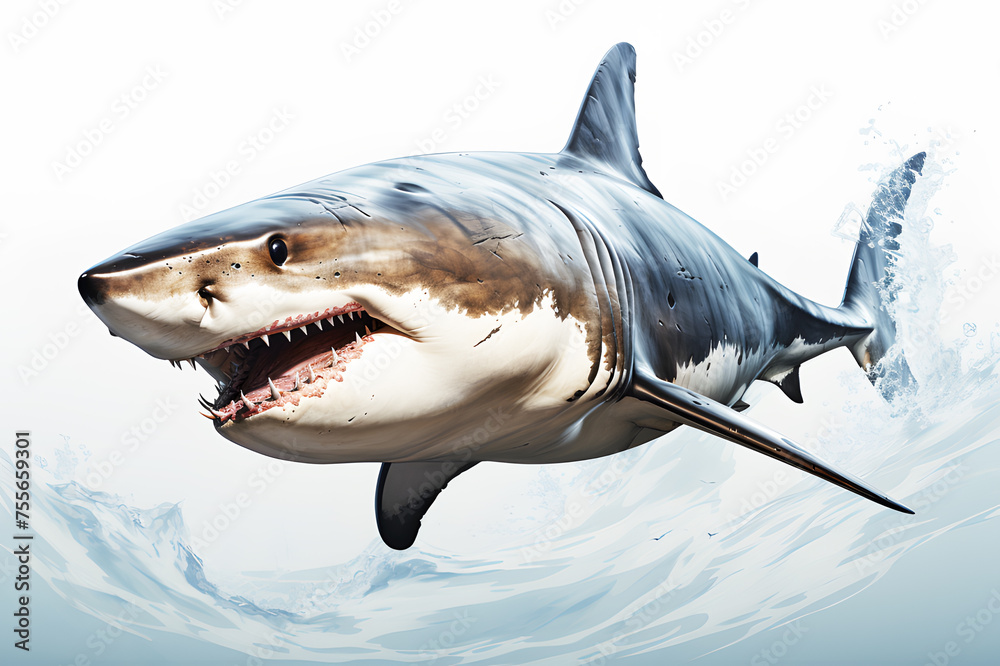 Obraz premium Picture shark draw by watercolor swims on ocean background. Realistic fish animal clipart template pattern. Open toothy dangerous mouth with many teeth. Ocean shark bottom view from below. 