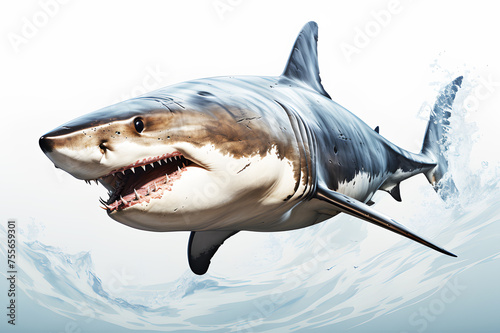 Picture shark draw by watercolor swims on ocean background. Realistic fish animal clipart template pattern. Open toothy dangerous mouth with many teeth. Ocean shark bottom view from below. 