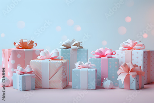 Row of pink and blue gift boxes with bows for event decoration