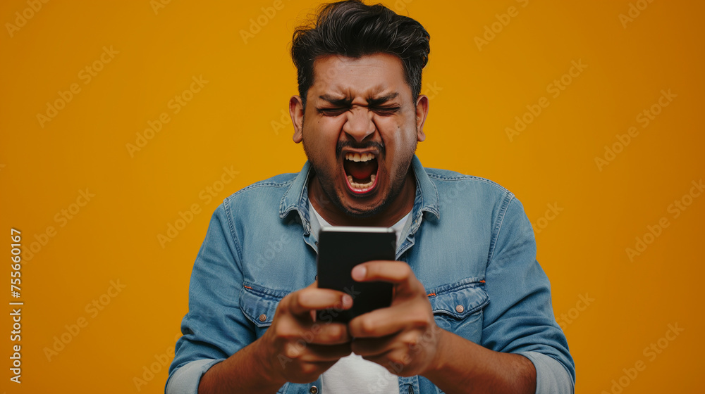 Indiano bravo usando um aplicativo de celular isolado no fundo laranja - obrazy, fototapety, plakaty 