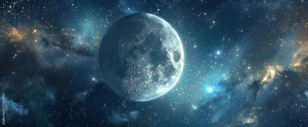 A moon and stars are seen against blue skies, with a dark palette.