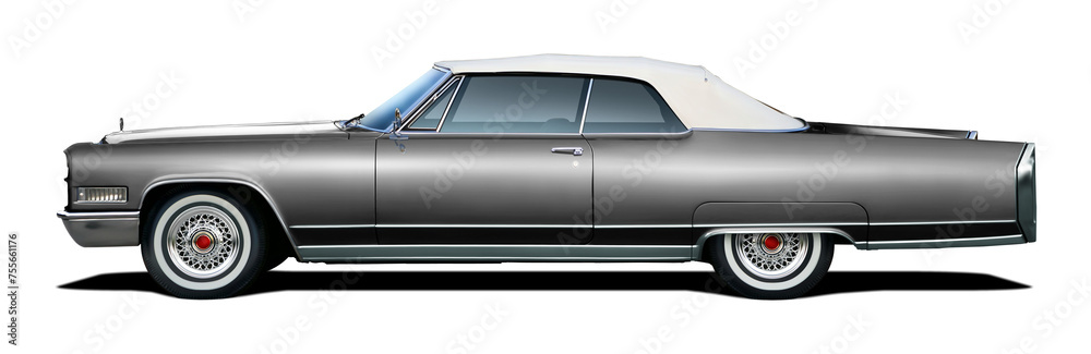 Classic American luxury car in gray color. With a convertible body and white soft top. Classic American luxury car in gray color. With a convertible body and white soft top.