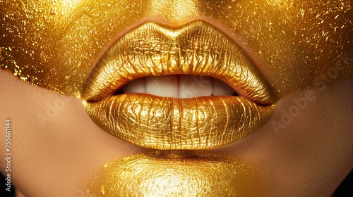 Golden makeup drips on model with metallic skin, lip gloss, gold paint smudges on face, lips, nails