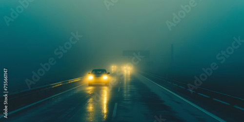 A depiction of light highlights a car on a highway in a foggy, dark area.