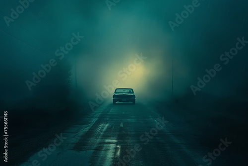 An ominous vibe is evoked by a car on a foggy road at night. photo