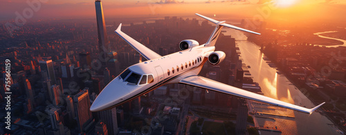 Private White Luxury Jet Flying at Sunset