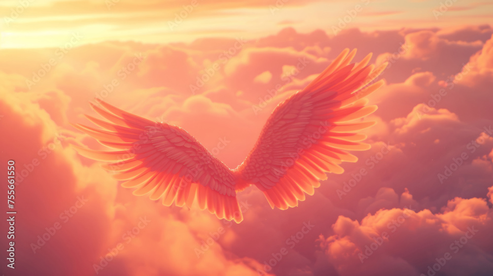 Obraz premium Angel wings in the clouds, in a style of light red and pink, with mythical symbolism.