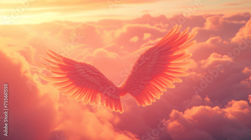 Angel wings in the clouds, in a style of light red and pink, with mythical symbolism. © Duka Mer