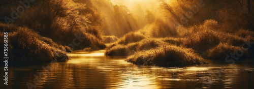Golden light of sunset, Sun Shining Through Trees Over River Surrounded by Lush Foliage © @uniturehd