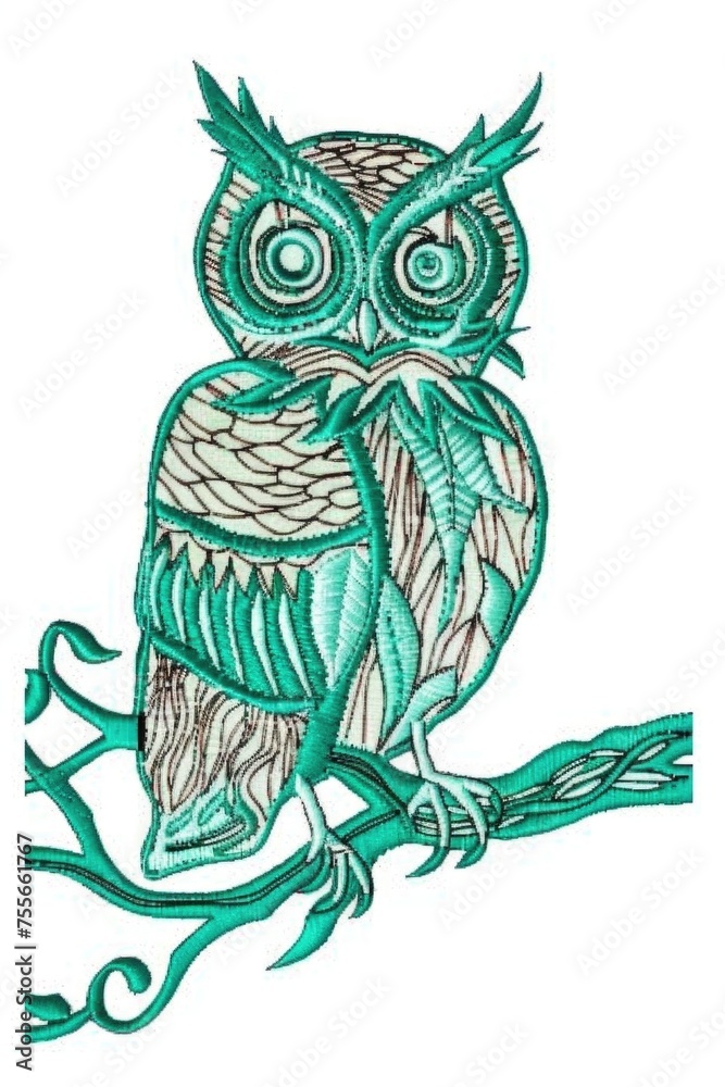 A drawing of an owl sitting on a branch, embroidery on white background A drawing of an owl sitting on a branch, embroidery on white background