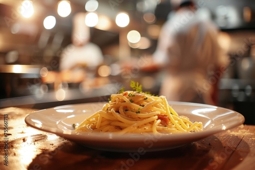 Plate with pasta on wooden table, chef in the background, gastronomy and cooking concept.