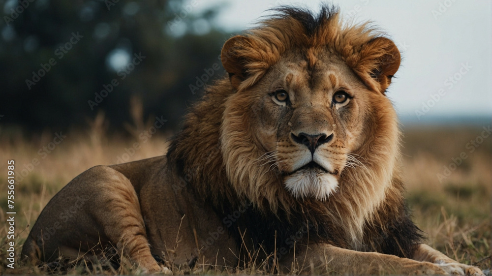 Lion Laying Down in Field of Grass