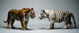 A tiger and a white tiger are standing side by side in front of a white background.