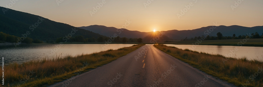 Sun Setting Over Road Near Lake