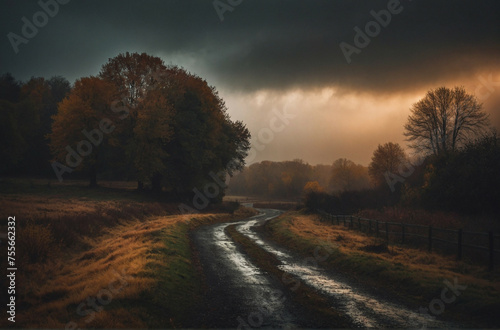 Autumn Storm Approaching Over a Rural Winding Road at Dusk
