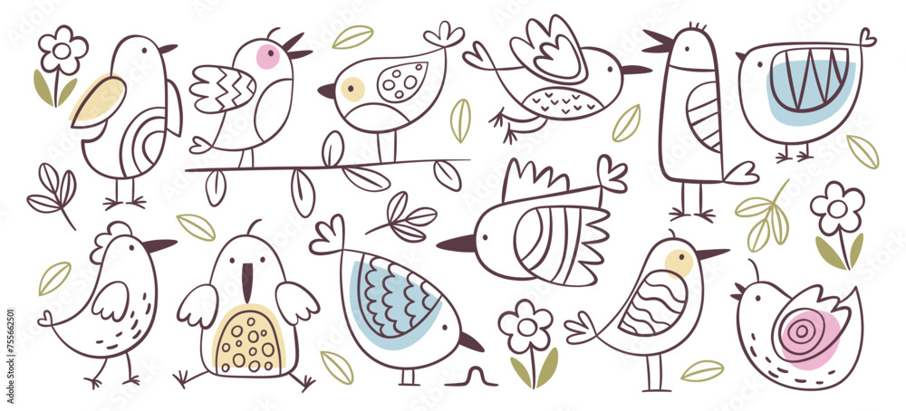 Cute birds singing, sitting, tweeting and flying doodle outline drawing prints vector illustration