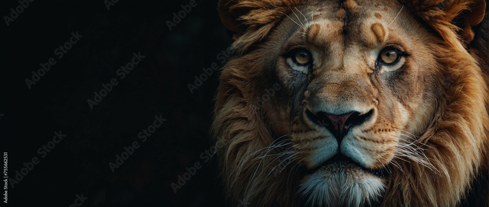 Fototapeta premium Close Up of a Lions Face on a Black Background