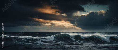 Sunset Over Turbulent Deep Ocean Waves Under Darkening Skies
