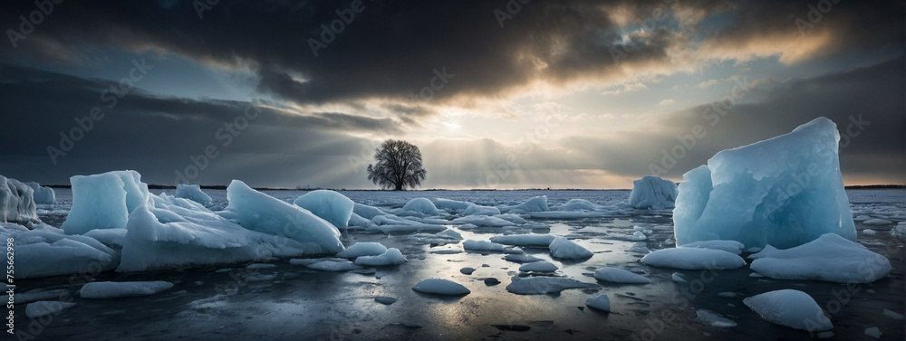 Lone Tree Stands in Frozen Lake