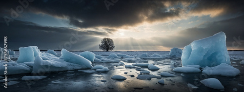 Lone Tree Stands in Frozen Lake photo