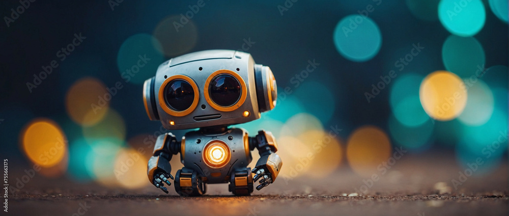 Small Cute Robot Sits Against a Backdrop Small Cute Robot Sits Against a Backdrop